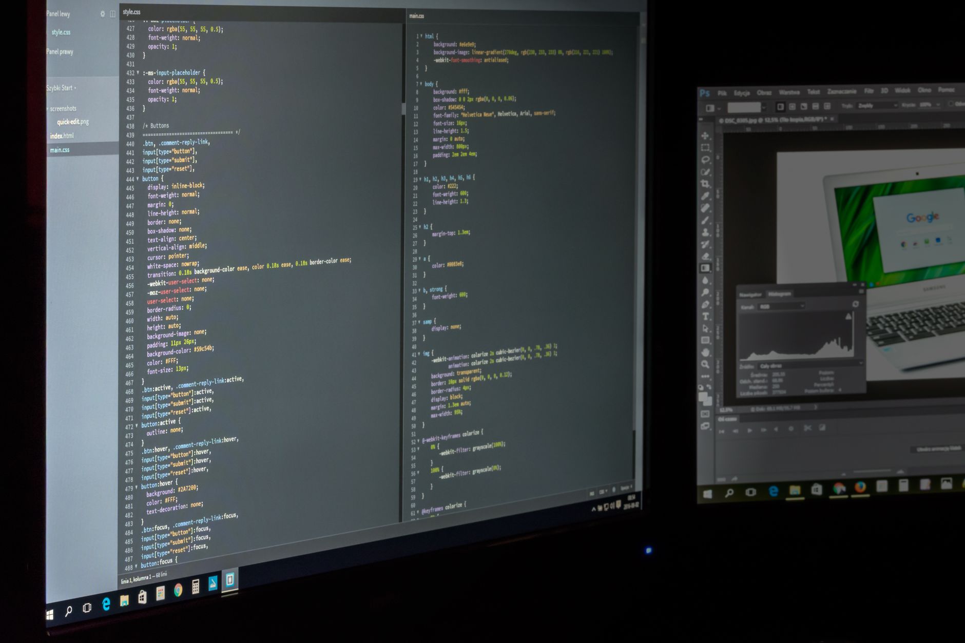 Dual monitor developer setup with code editor and GitHub Copilot AI assistant side panel