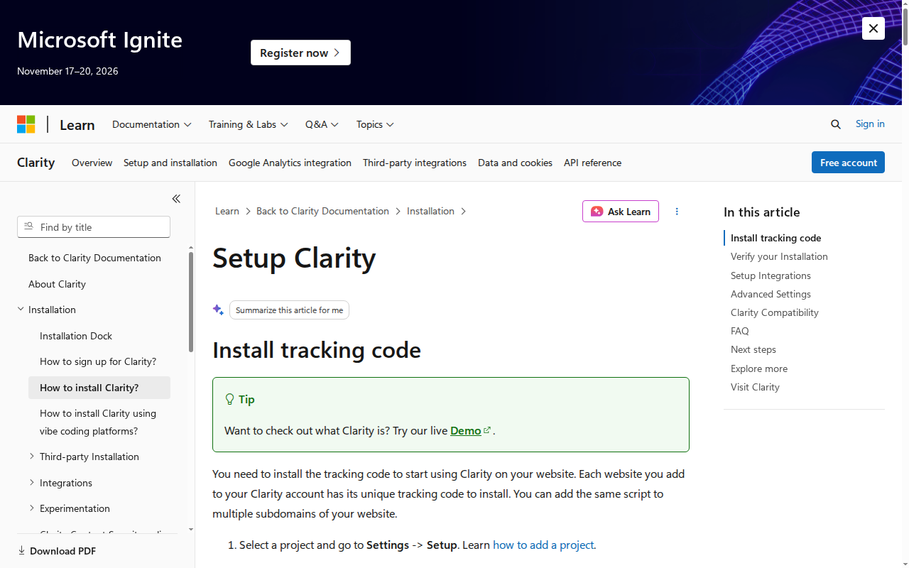 How to Set Up Microsoft Clarity Free Heatmaps Microsoft Learn documentation for setting up Microsoft Clarity on a website — official setup guide