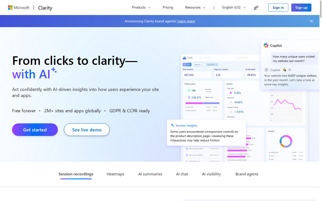 How to Set Up Microsoft Clarity Free Heatmaps Microsoft Clarity homepage — free heatmaps and session recordings tool for websites