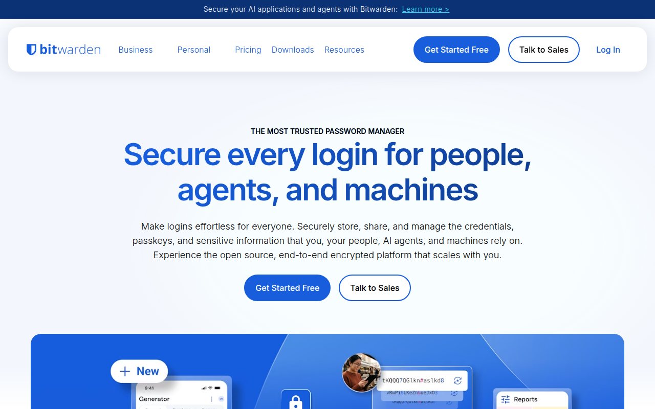 How to Use Bitwarden: Password Manager Guide Bitwarden website homepage showing free password manager features for individuals and businesses