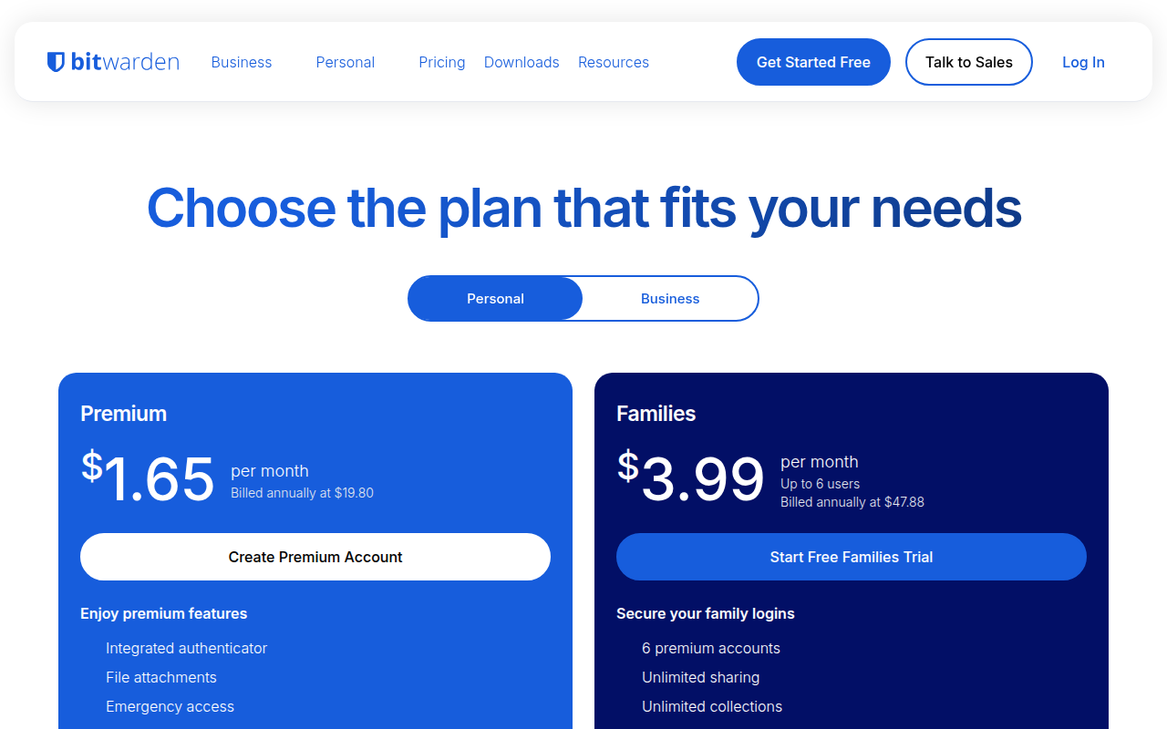 How to Use Bitwarden: Password Manager Guide Bitwarden pricing page showing free, premium, and family plan options for password management