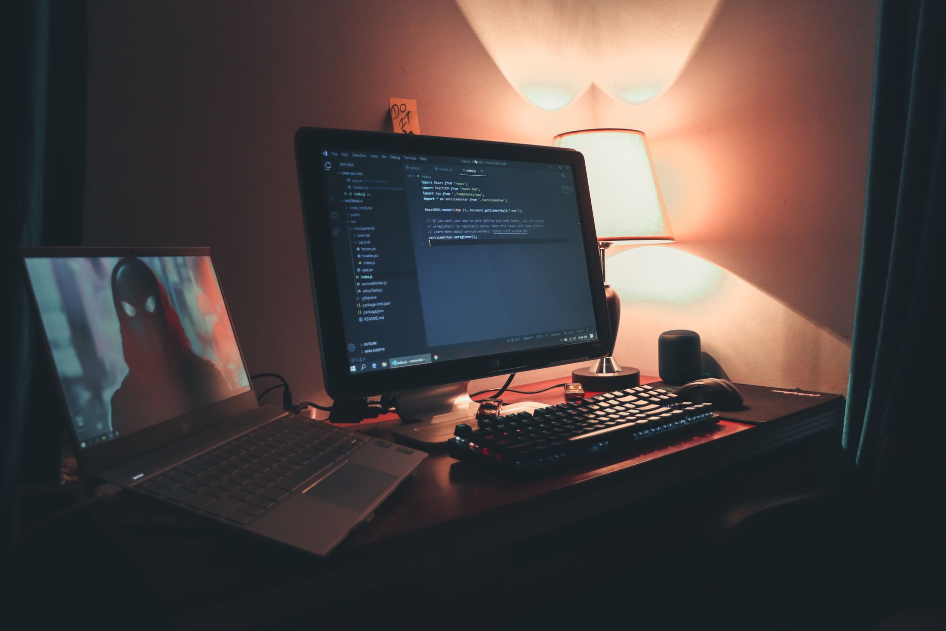 Developer home office with dual monitors for programming — modern coding workspace