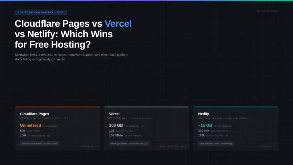 Original editorial comparison hero: Cloudflare Pages vs Vercel vs Netlify 2026 free static site hosting comparison — TechBuzzView