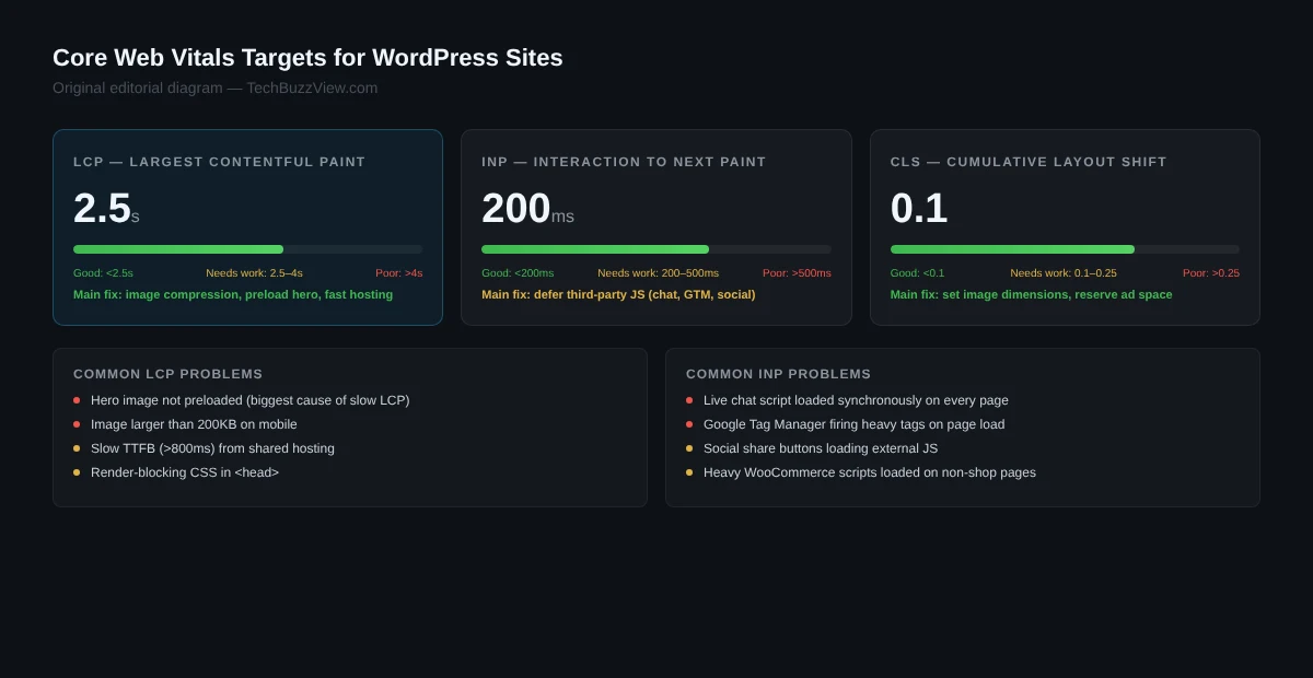 How to Speed Up Your WordPress Site: Complete Performance Guide (2026) Core Web Vitals targets for WordPress sites — original editorial diagram, TechBuzzView