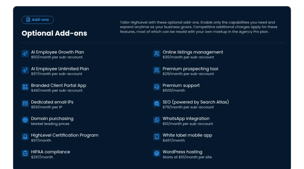 HighLevel optional add-ons with monthly prices, including AI Employee plans, white-label mobile app and WordPress hosting
