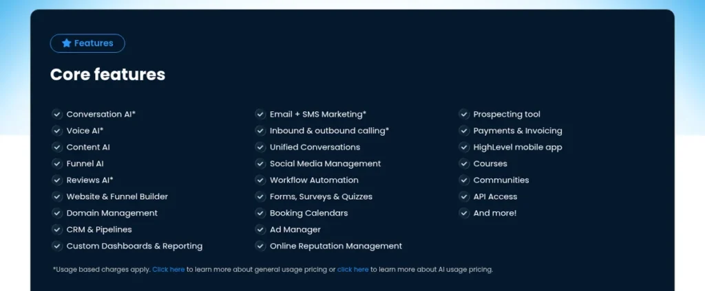 HighLevel core features list including CRM and pipelines, website and funnel builder, workflow automation, and email and SMS marketing