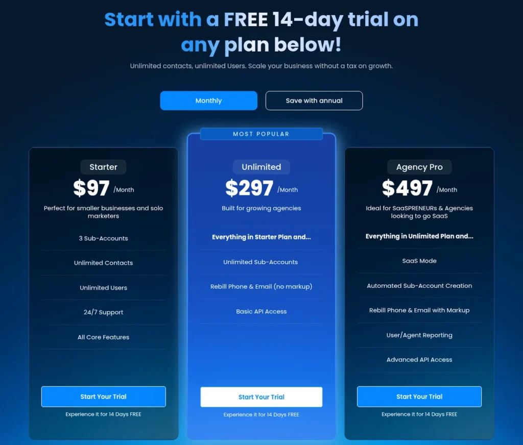 GoHighLevel pricing plans for 2026: Starter $97, Unlimited $297 and Agency Pro $497 per month, each with a 14-day trial
