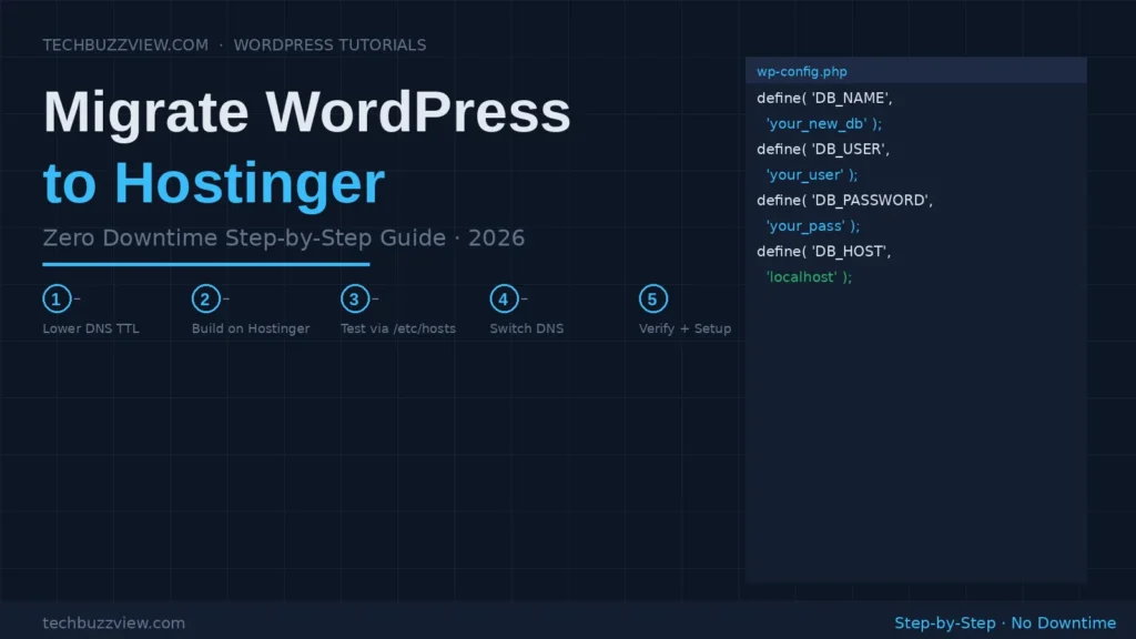 How to Migrate WordPress to Hostinger in 2026 (Zero Downtime Step-by-Step Guide) How to migrate WordPress to Hostinger in 2026 — zero downtime DNS cutover steps illustrated with migration method comparison