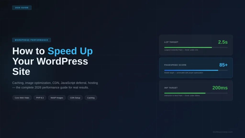 How to speed up WordPress performance optimization guide 2026 — original editorial graphic by TechBuzzView