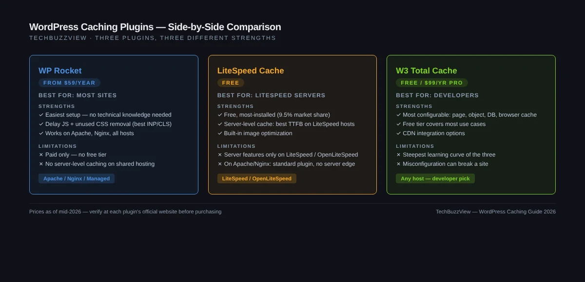 WordPress caching plugins side-by-side comparison chart showing WP Rocket vs LiteSpeed Cache vs W3 Total Cache features pricing and hosting requirements — original editorial graphic TechBuzzView 2026